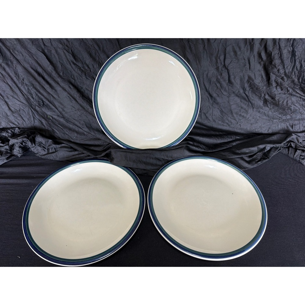 Tienshang Kitchen Basics Colors Cream Blue Rim 10.25" Stoneware Plates Set of 3